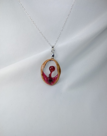 Collier en argent avec une pierre naturelle d'agate rouge supendu dans une coque de noix. Bijou unique créé près de Metz dans l'est de la France.