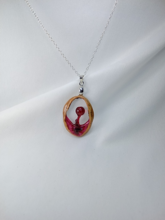 Collier en argent avec une pierre naturelle d'agate rouge supendu dans une coque de noix. Bijou unique créé près de Metz dans l'est de la France.